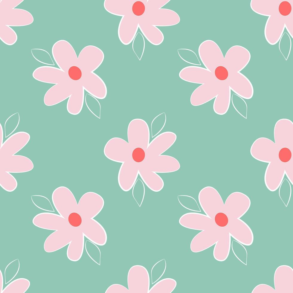Simple pink trendy flowers on green background endless ornament.Seamless vector floral pattern.
