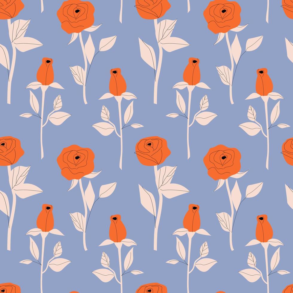 Vector seamless pattern with orange roses on a blue background. Repeating prints with stylized flowers.