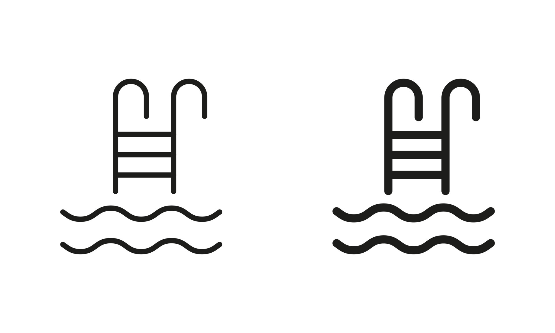 Swimming Pool Ladder Silhouette and Line Icon Set. Stairs for Swim Pool