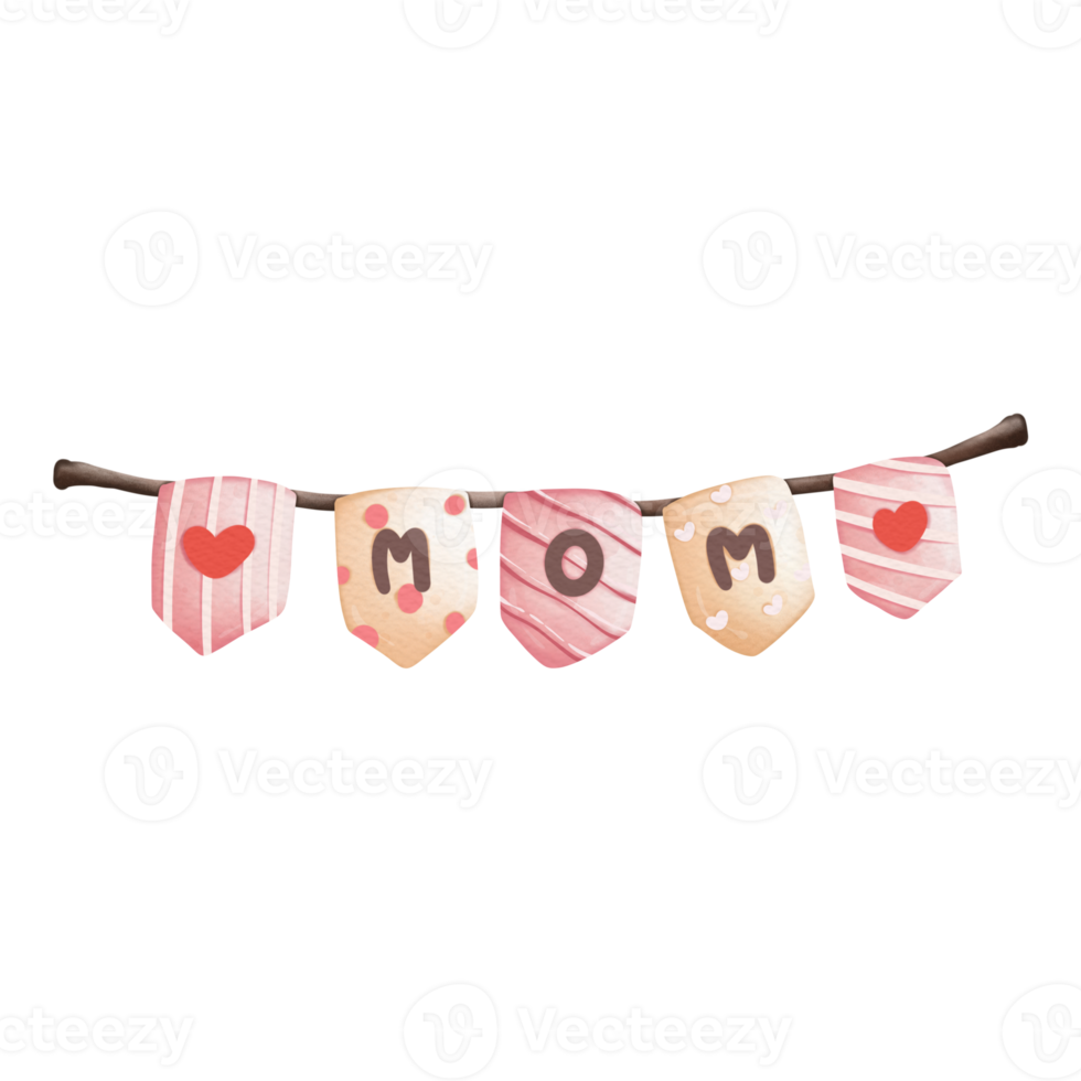 Love Mom Party triangle flags, Mother's Day Element, Hand Drawn