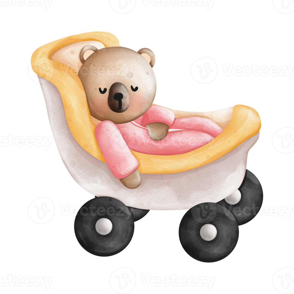 Watercolor Cute Baby Bear Sleep on Baby Stroller, Baby Girl Bear, Mother's Day Element, Hand Drawn Illustration png