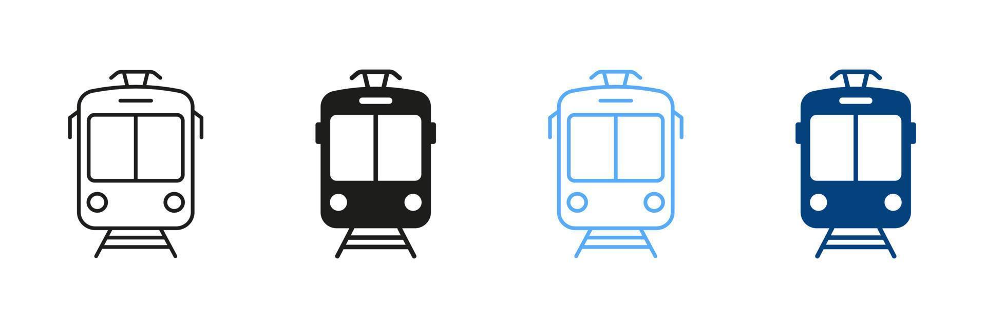 Tramway Line And Silhouette Pictograms. Stops For Electric Public Vehicle Transportation In City Outlines And Solid Symbols Collection. Set Of Color Icons Of Tramway. Isolated Vector Illustration.