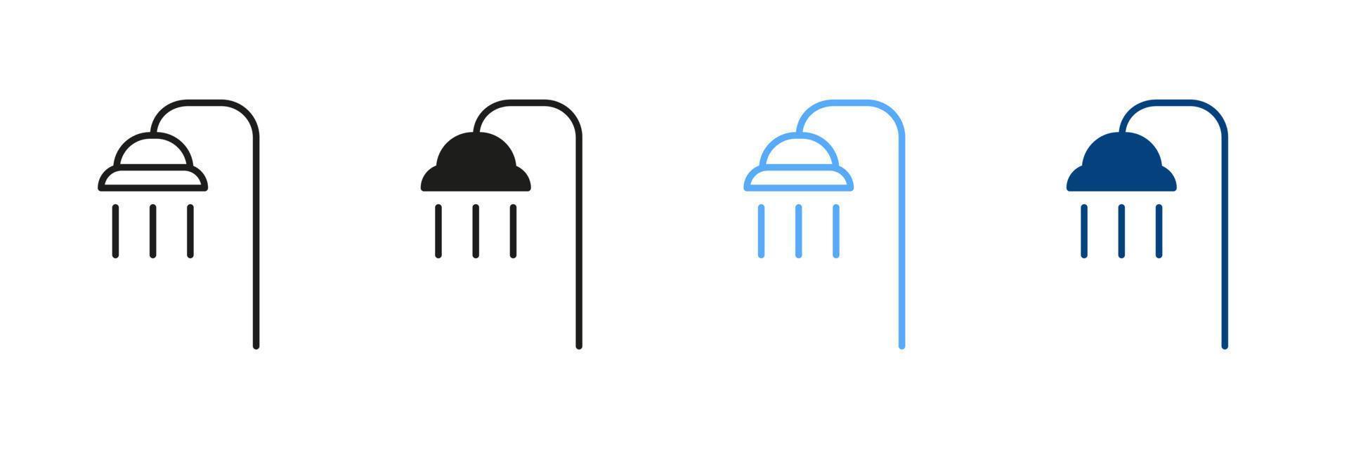 Shower Silhouette and Line Icon Set. Bath Sign Black and Color Pictogram. Water Shower, Symbol Collection of Bathroom. Isolated Vector Illustration.