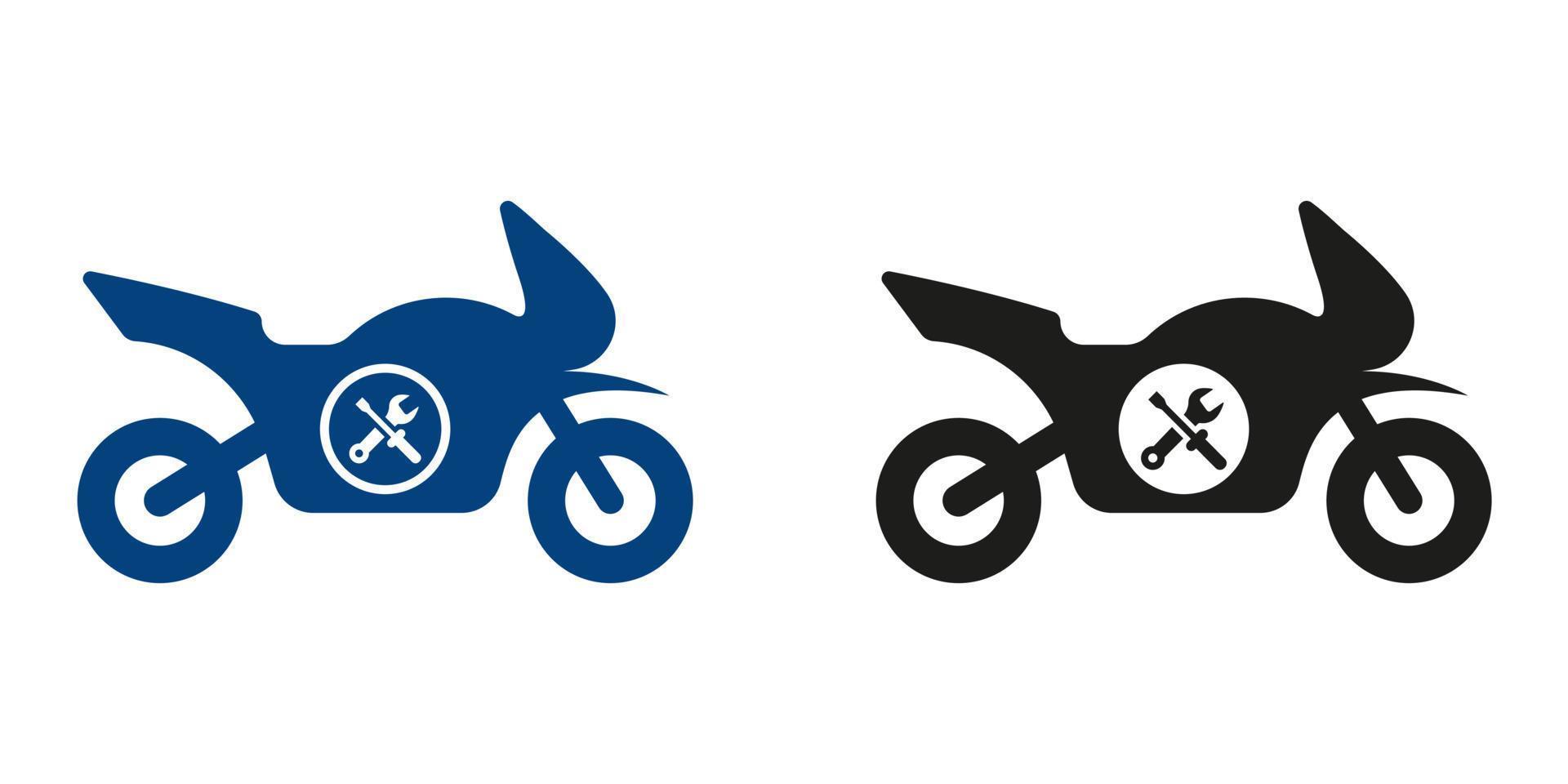 Motorbike Workshop Silhouette Icon Set. Service Center for Fixing Motorbike Pictogram. Motorcycle with Wrench, Maintenance Symbol Collection on White Background. Isolated Vector Illustration.