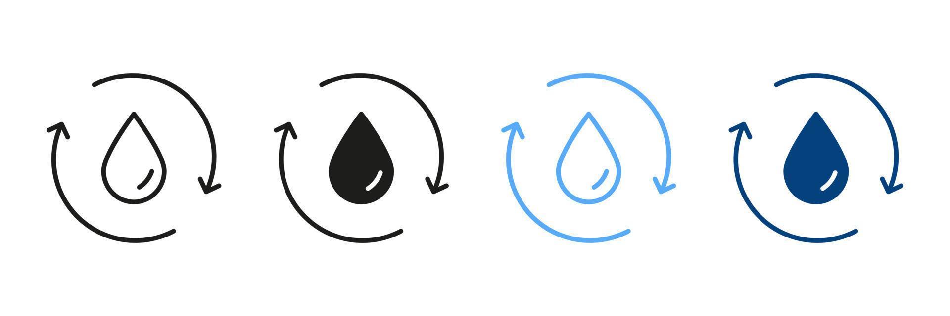 Recycle Black and Color Symbol Collection. Save World Concept. Recycle or Reuse Water Silhouette and Line Icon Set. Water Drop with Circular Arrows. Renew of Liquid. Vector Isolated Illustration.