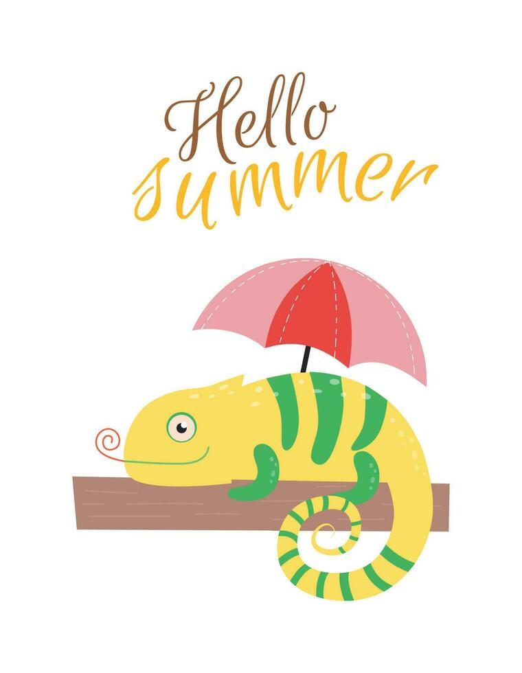 Illustration with a chameleon under a beach umbrella and the inscription hello summer. Print chameleon with a beach umbrella, text hello summer vector