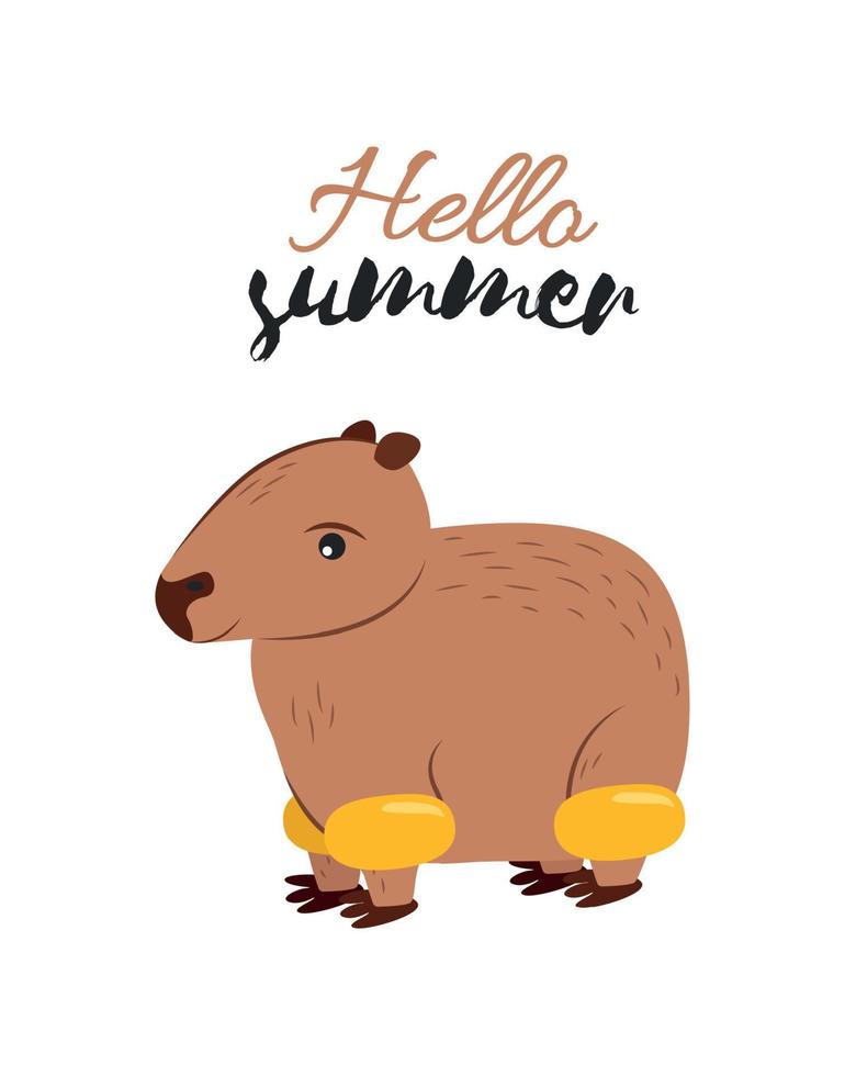 ilustración de animal carpincho con trinquete y Hola verano letras. impresión personaje carpincho con inflable mangas en sus patas y el texto Hola verano vector