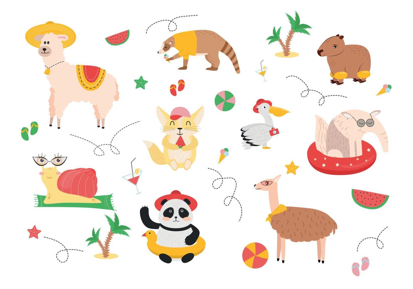 ilustración de animales en un verano vacaciones. un caracol con lentes en el alfombra, un llama en un sombrero, un panda en un sombrero con un caucho anillo, un guanaco con un pelota, un oso hormiguero con un nadando circulo vector