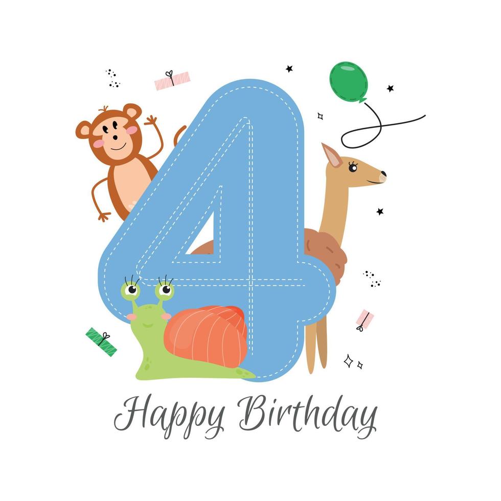 Vector illustration happy birthday card with number four, animals monkey, guanaco, snail, gifts, balloon, stars. Greeting card with the inscription happy birthday