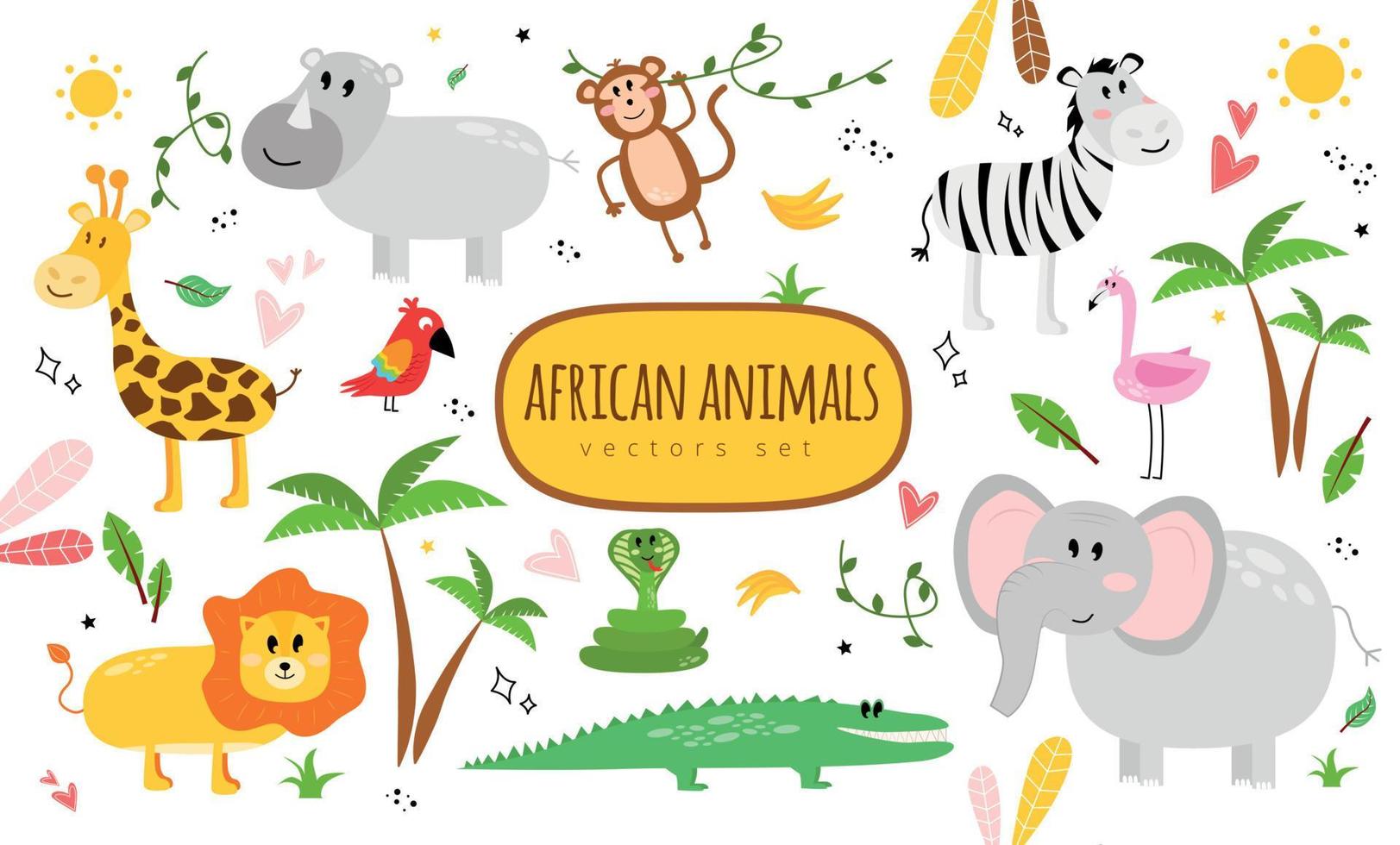 Illustration with animals and the inscription african animals vector set. Illustration with a zebra, rhino, flamingo, crocodile, elephant, snake, lion, parrot, monkey, giraffe.