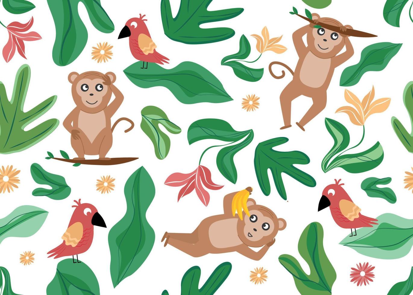 Vector illustration of seamless pattern with monkey, parrot, flower, plant leaves