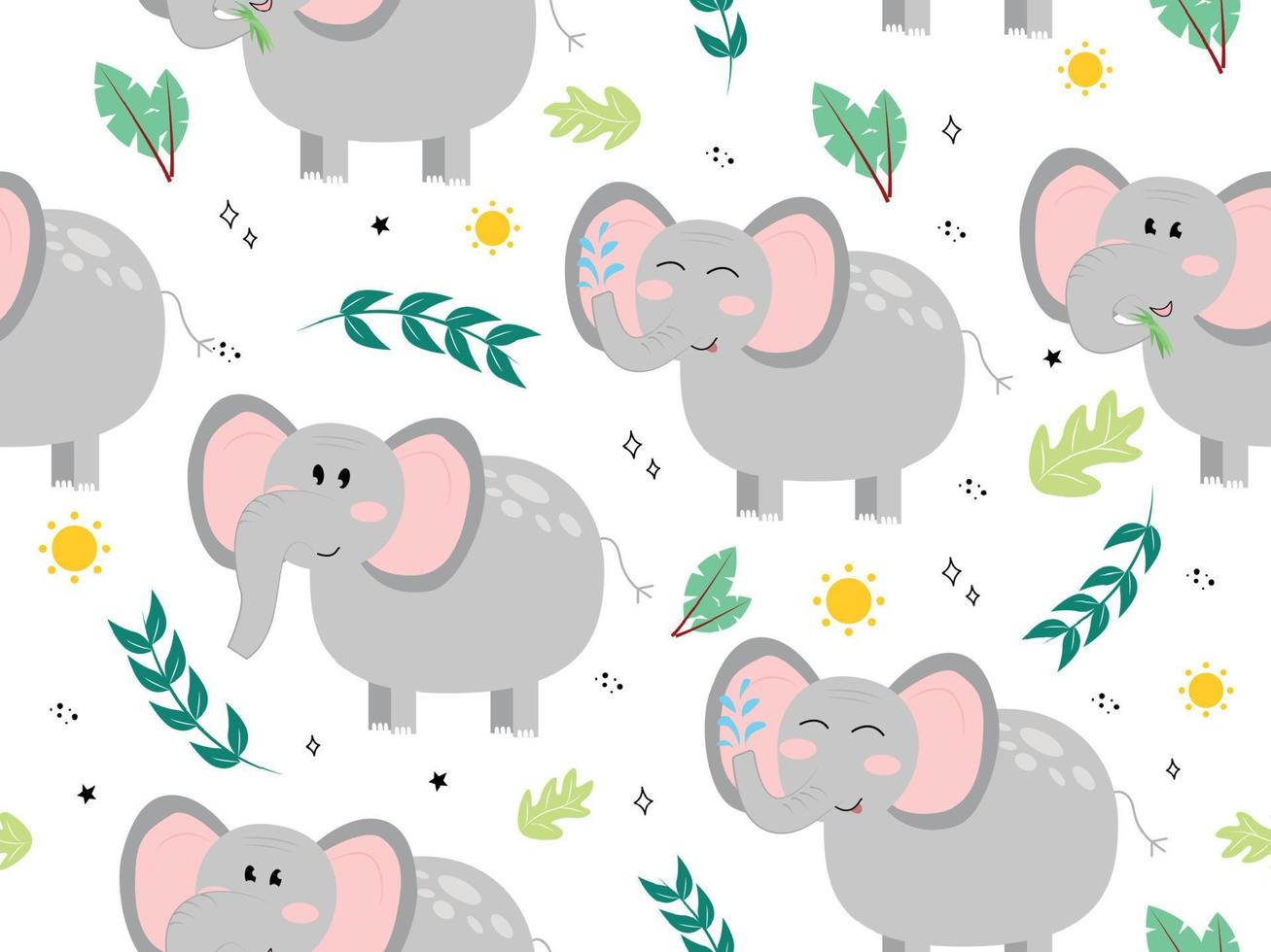 Vector illustration of seamless pattern with elephant, leaves, sun, doodle