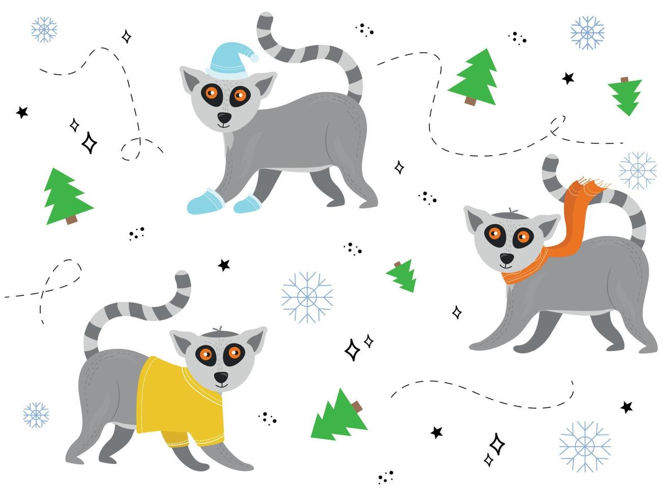 Vector illustration Christmas pattern with lemurs, Christmas trees, snowflakes