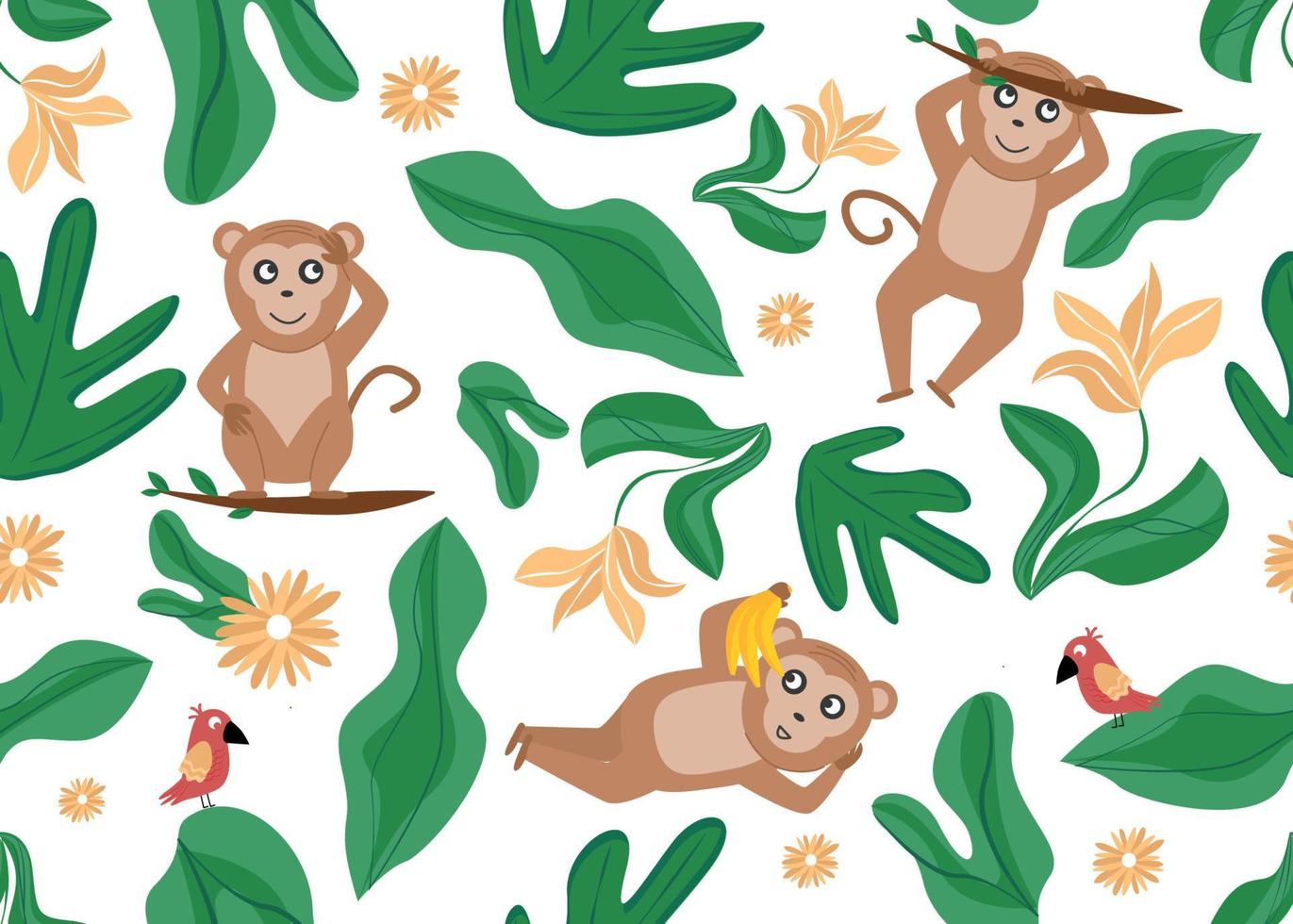 Vector illustration of seamless pattern with monkey, parrot, flower, plant leaves