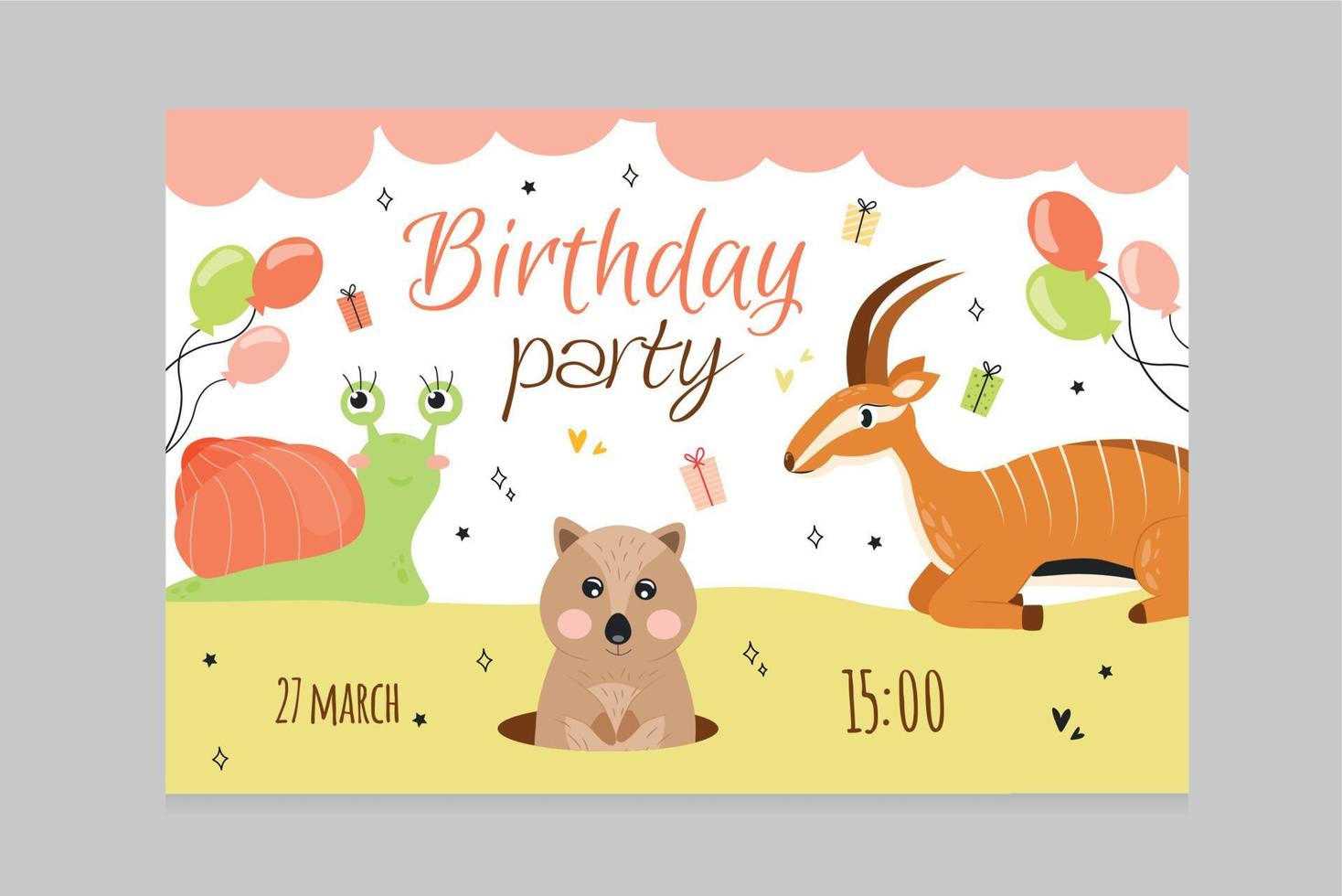 Vector illustration invitation card with animals kvokka and antelope