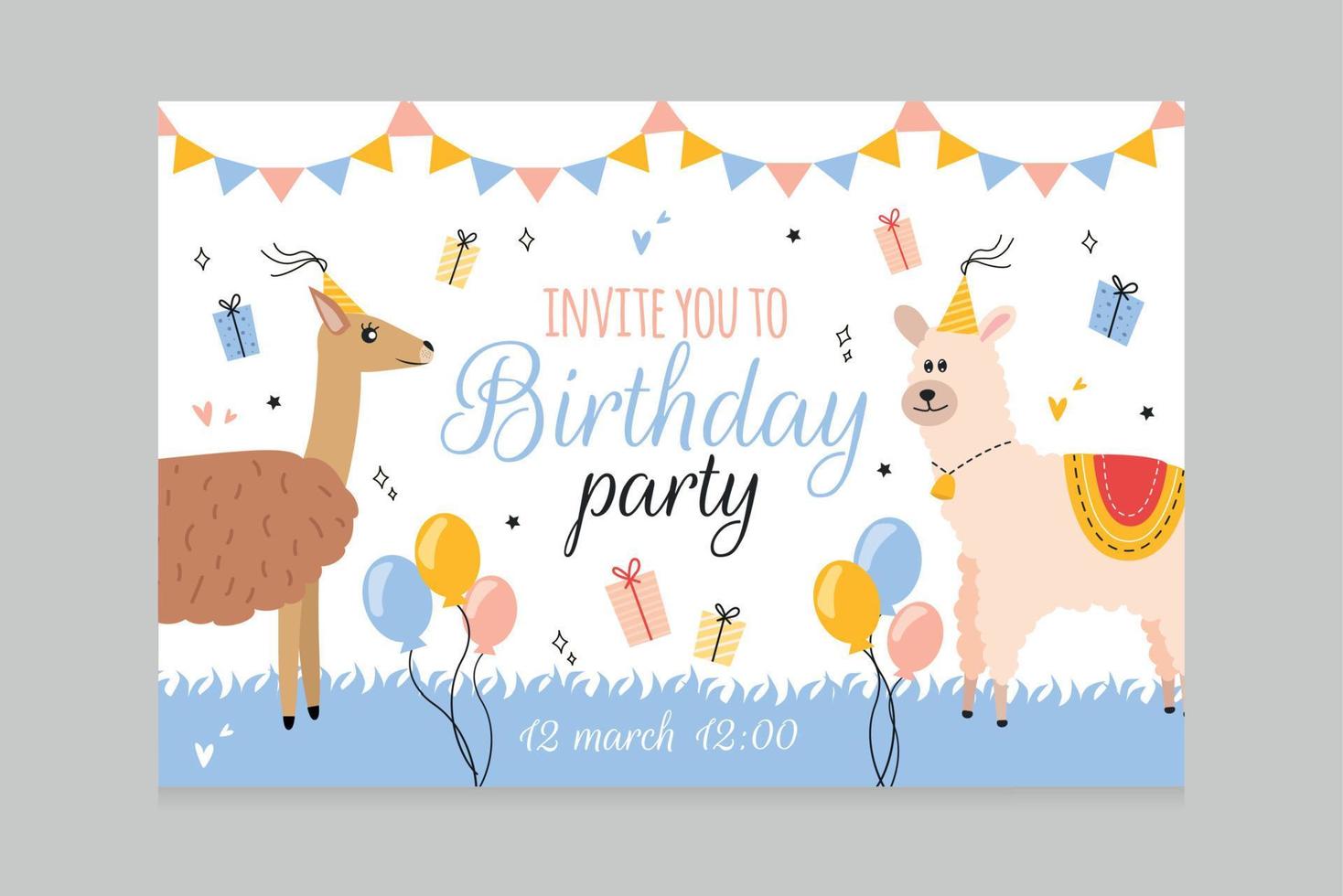 Vector illustration invitation card with guanaco and alpaca animals in holiday caps, gift boxes, holiday pennants, balloons, invitation you to birthday party lettering, hearts, stars, doodle