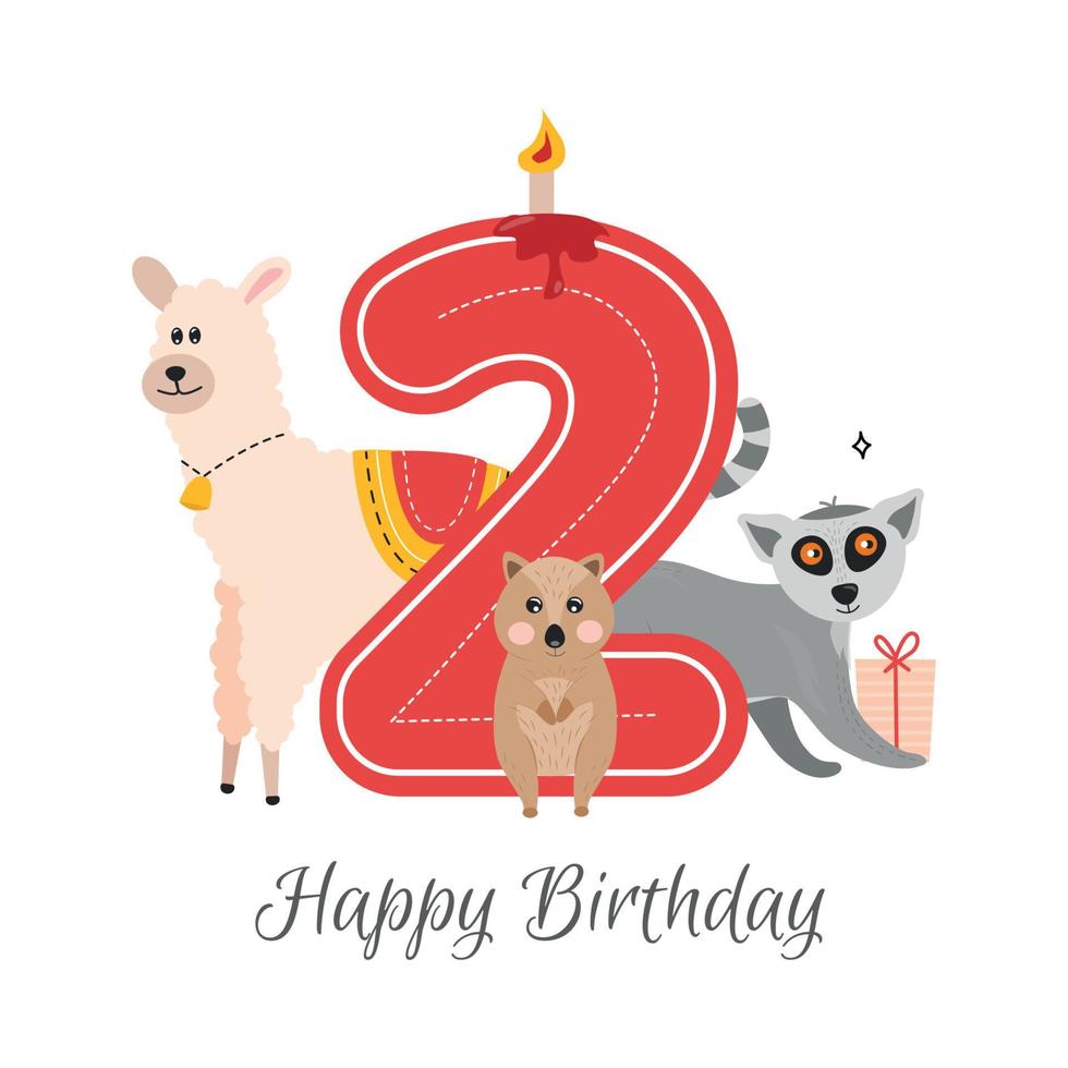 Vector illustration happy birthday card with number two, llama, quokka animal, lemur with gift box in his paw. Greeting card with the inscription happy birthday, deuce with a candle