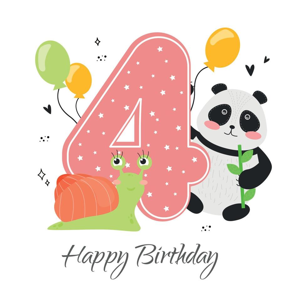 vector ilustración contento cumpleaños tarjeta con el número cuatro, animal panda con bambú en el pata, caracol, globos, corazones, garabatear. contento cumpleaños saludo tarjeta
