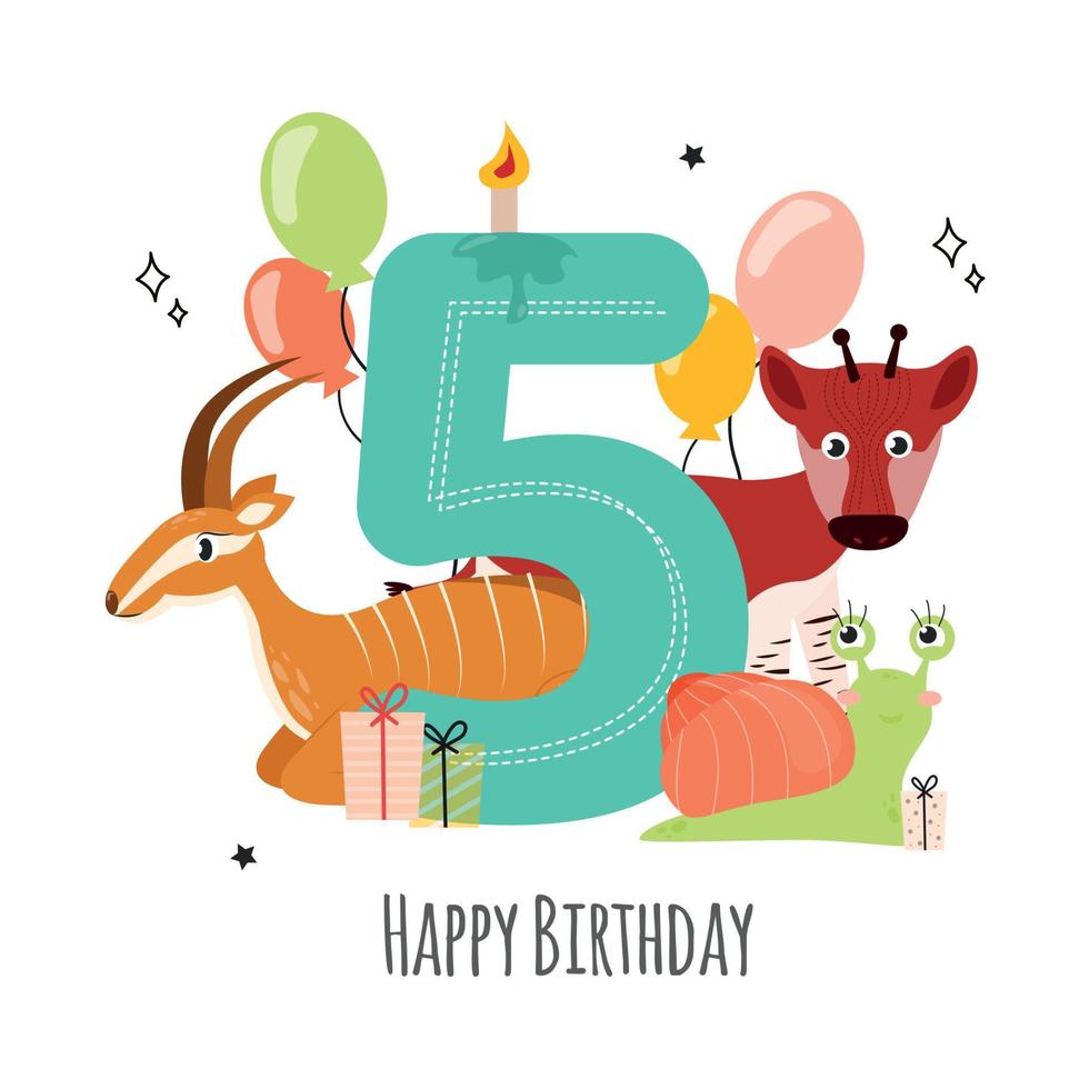 Vector illustration happy birthday card with number five with holiday candle, okapi animals, antelope, snail, gifts, balloons, asterisk, doodle. Greeting card with the inscription happy birthday