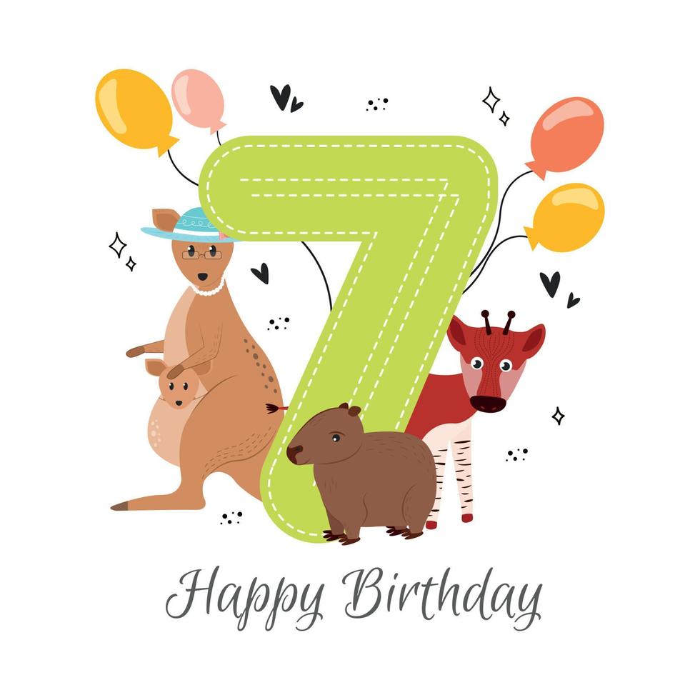 Vector illustration happy birthday card with number seven, kangaroo animals in a hat with a baby kangaroo, capybara, okapi, balloons, hearts, asterisks. Greeting card happy birthday