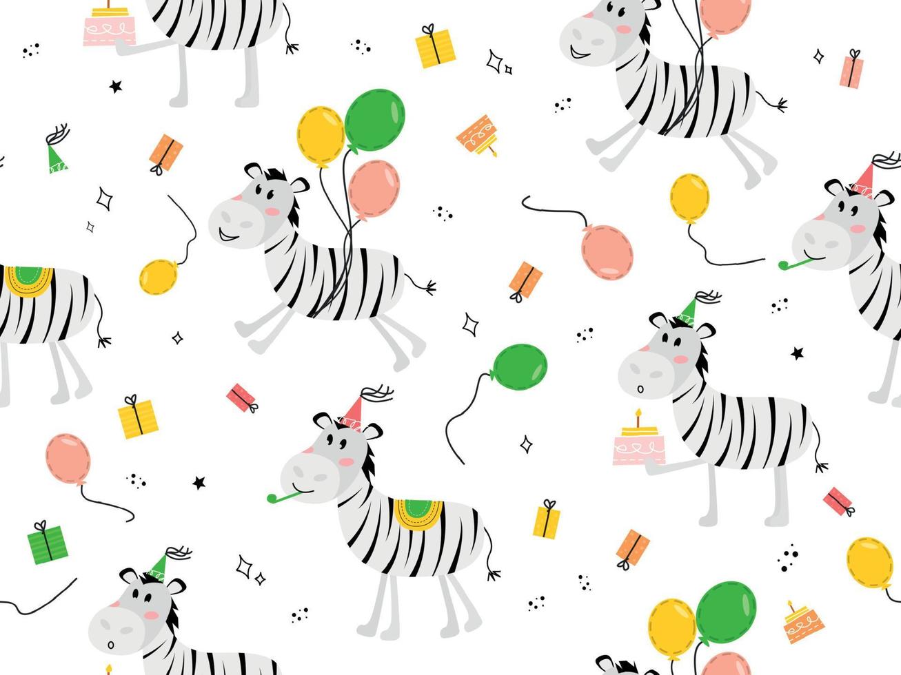Seamless pattern with animal zebra. Vector illustration with a zebra in a festive cap, balloons, cake, gift