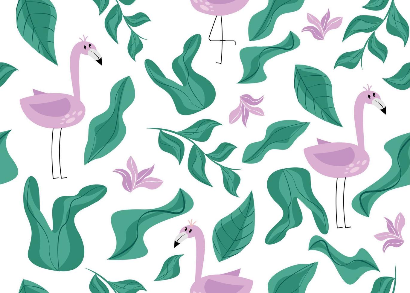 Seamless pattern with flamingos. Vector illustration with flamingo bird, plant leaves, flowers