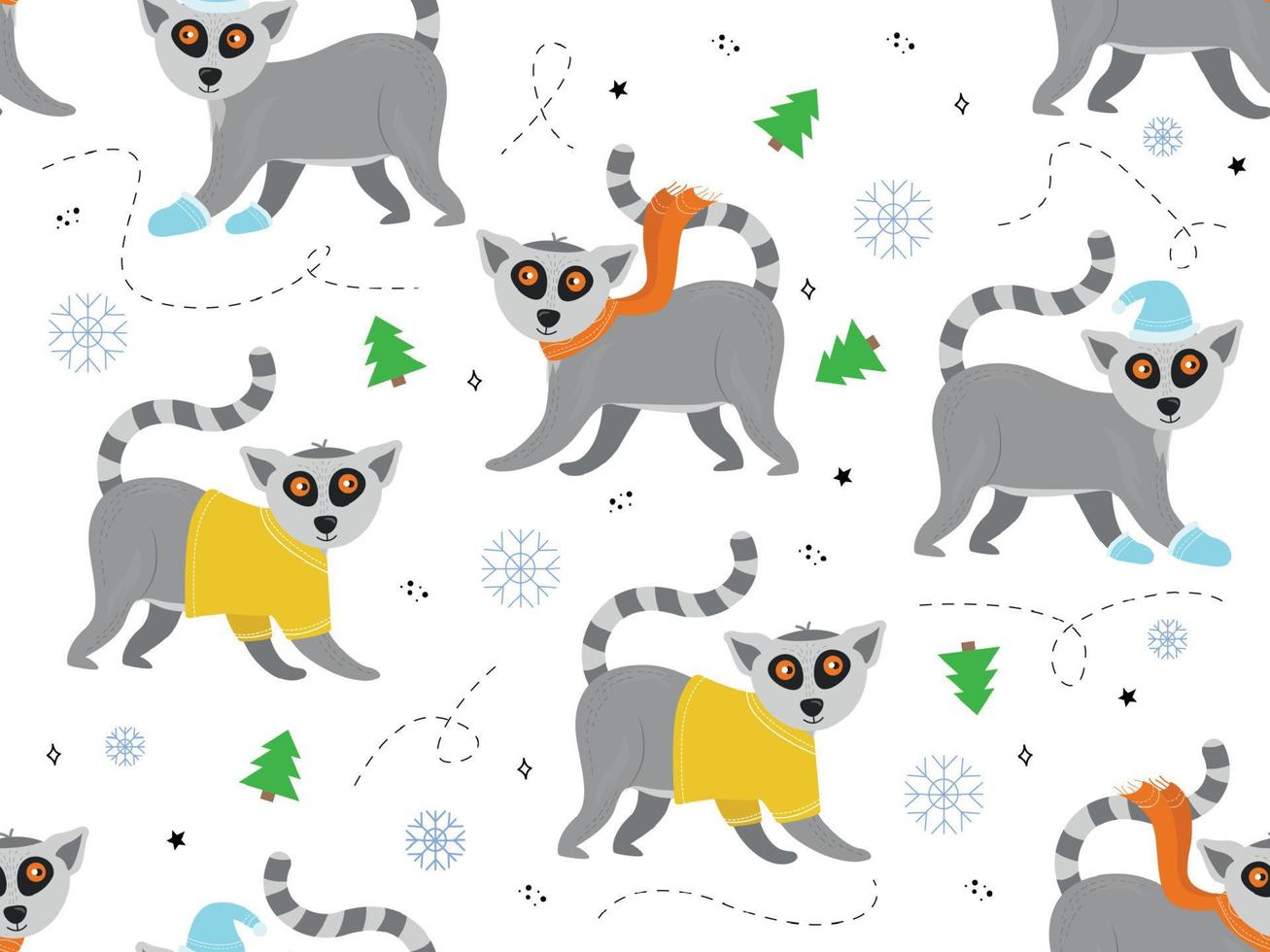 Vector illustration Christmas pattern with lemurs, Christmas trees, snowflakes