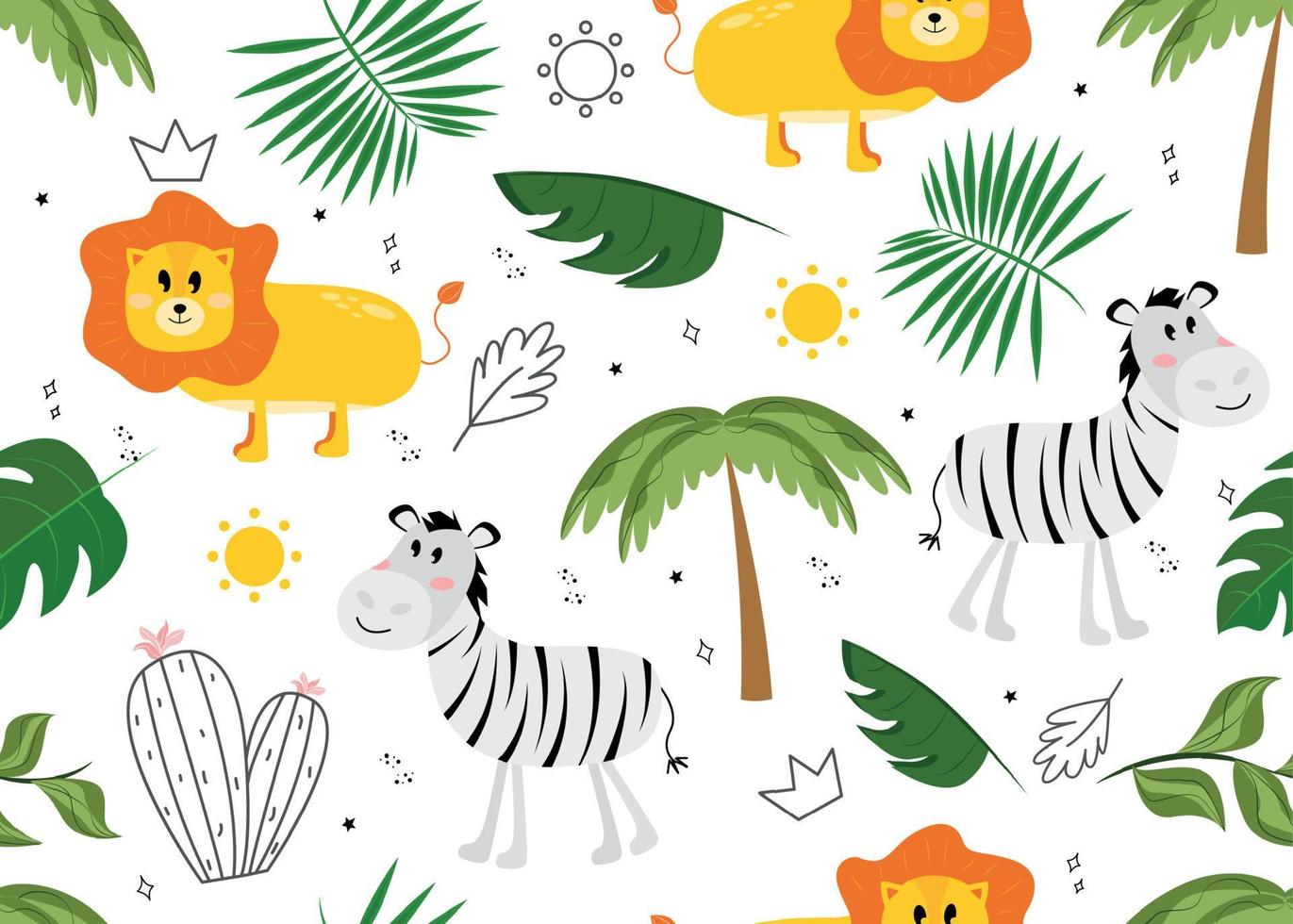 Seamless pattern with zebra and lion. Vector illustration with animals zebra, lion, leaves, palm, cactus, sun, star, doodle