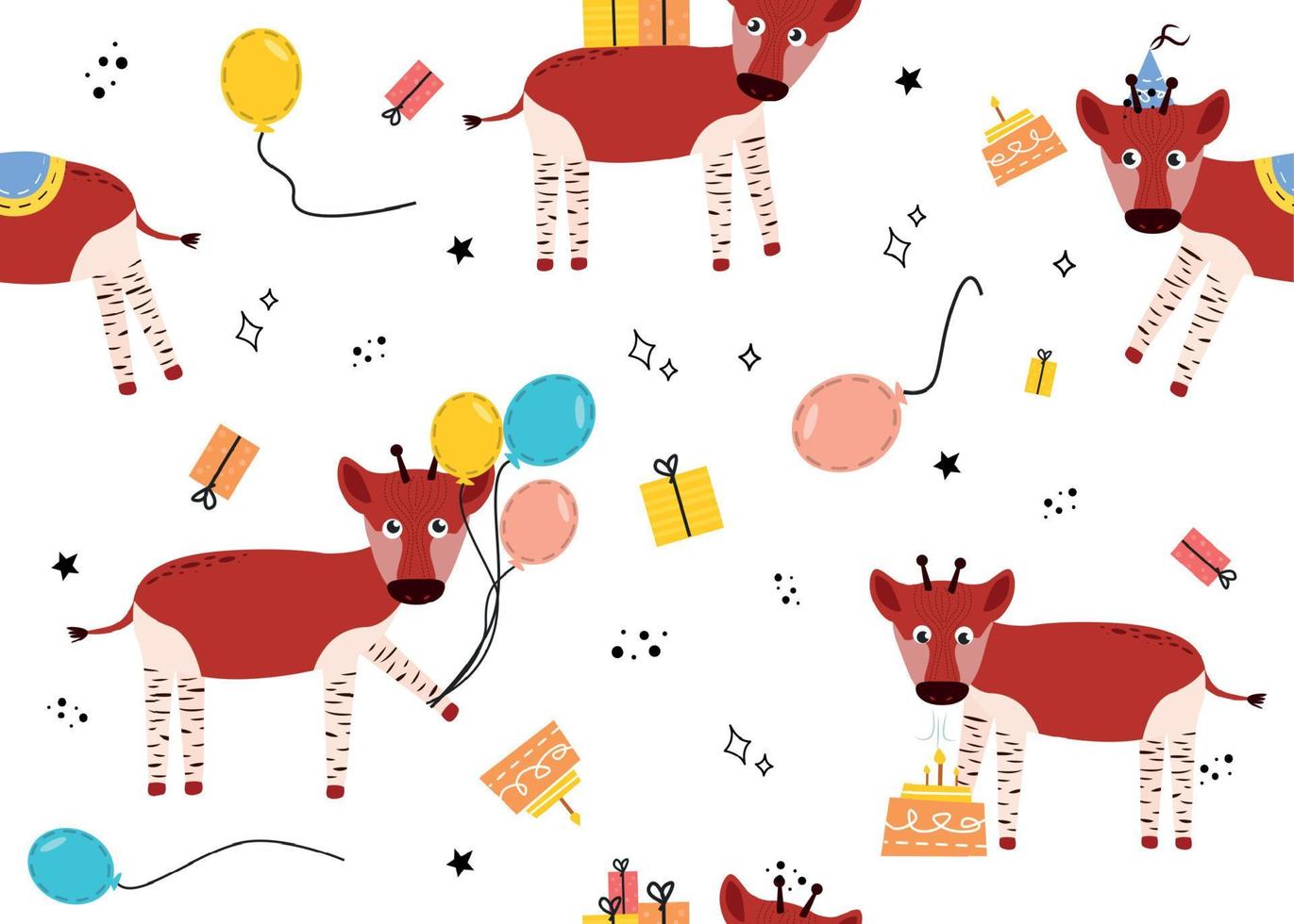 Seamless pattern with okapi. Vector illustration with animal okapi, balloons, gift, cake, star, doodle