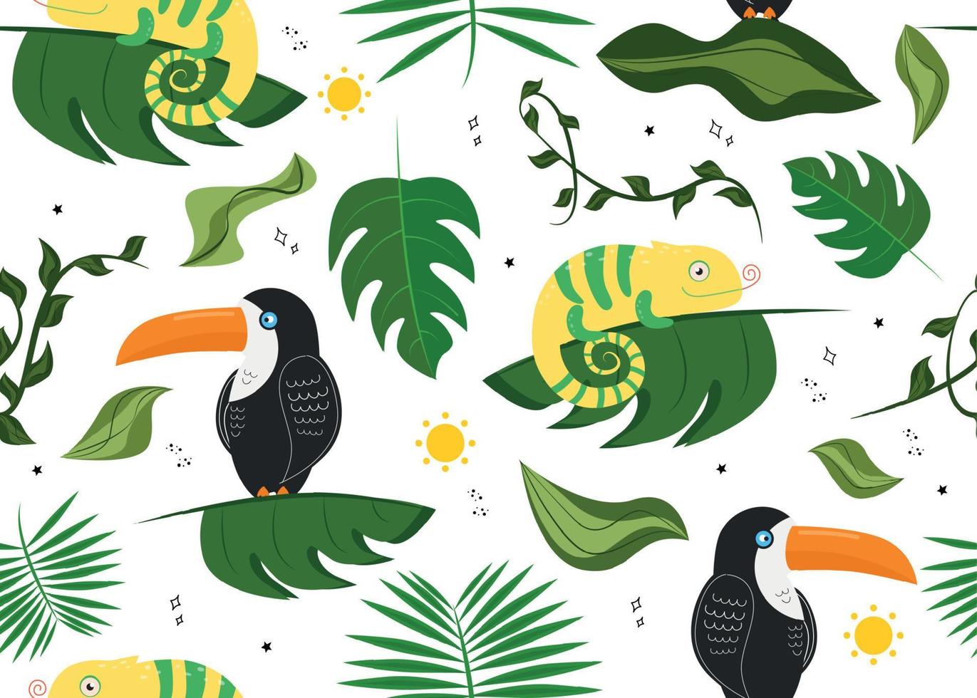 Vector illustration of seamless pattern with toucan bird and chameleon, sun, leaves, stars