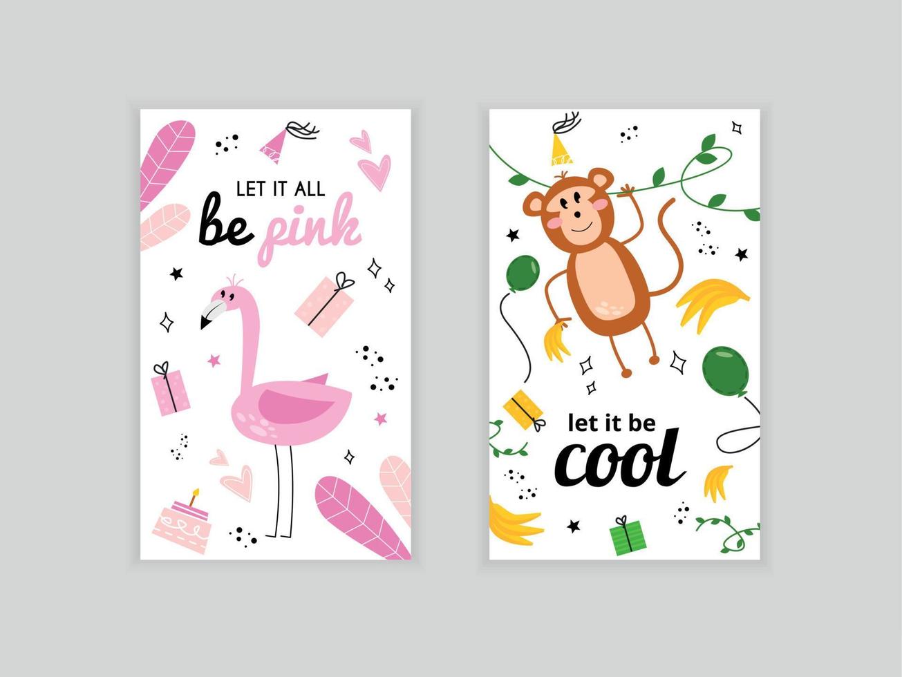 Set of greeting cards with flamingos and monkey. Illustration with flamingo and the inscription let it all be pink. Greeting card let it be cool with a monkey. vector