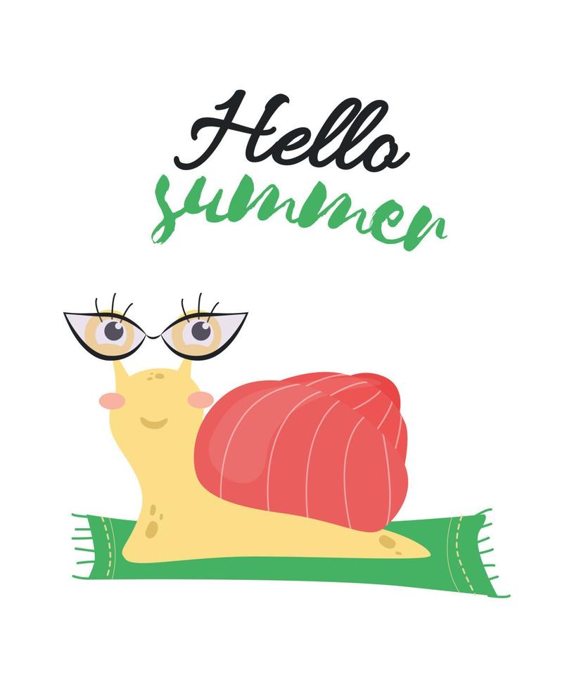 ilustración de un caracol con lentes en el estera y el inscripción Hola verano. impresión caracol con lentes en el alfombra, texto Hola verano vector