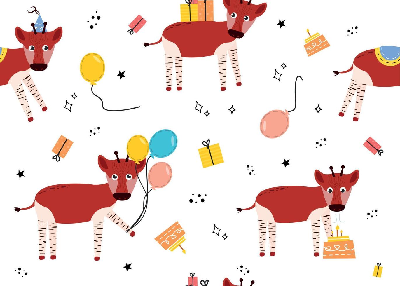 Seamless pattern with okapi. Vector illustration with animal okapi, balloons, gift, cake, star, doodle