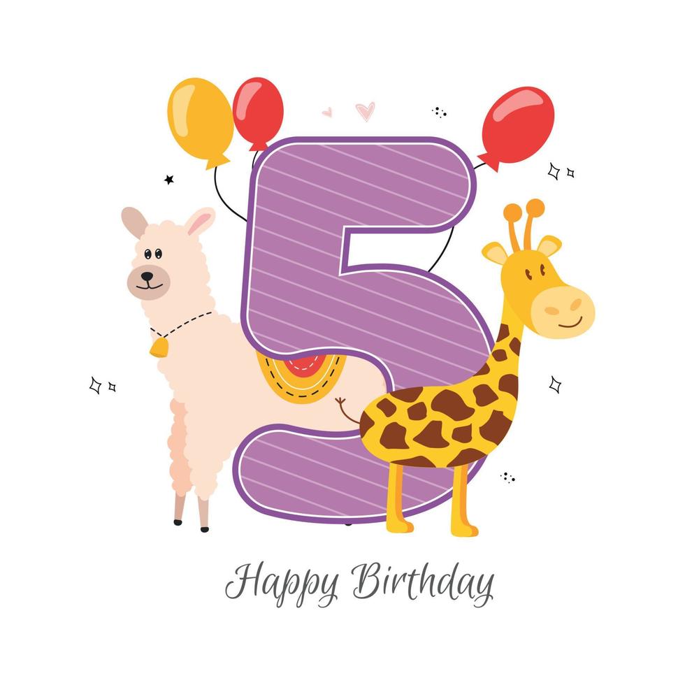 Vector illustration happy birthday card with number five, animals llama and giraffe, balloons, hearts, doodle. Greeting card with the inscription happy birthday, five, giraffe, llama