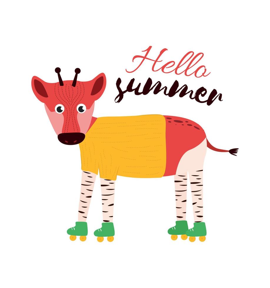 Illustration with an okapi animal in a t-shirt on roller and the inscription hello summer. Print hello summer and okapi in a t-shirt on rollerskates vector