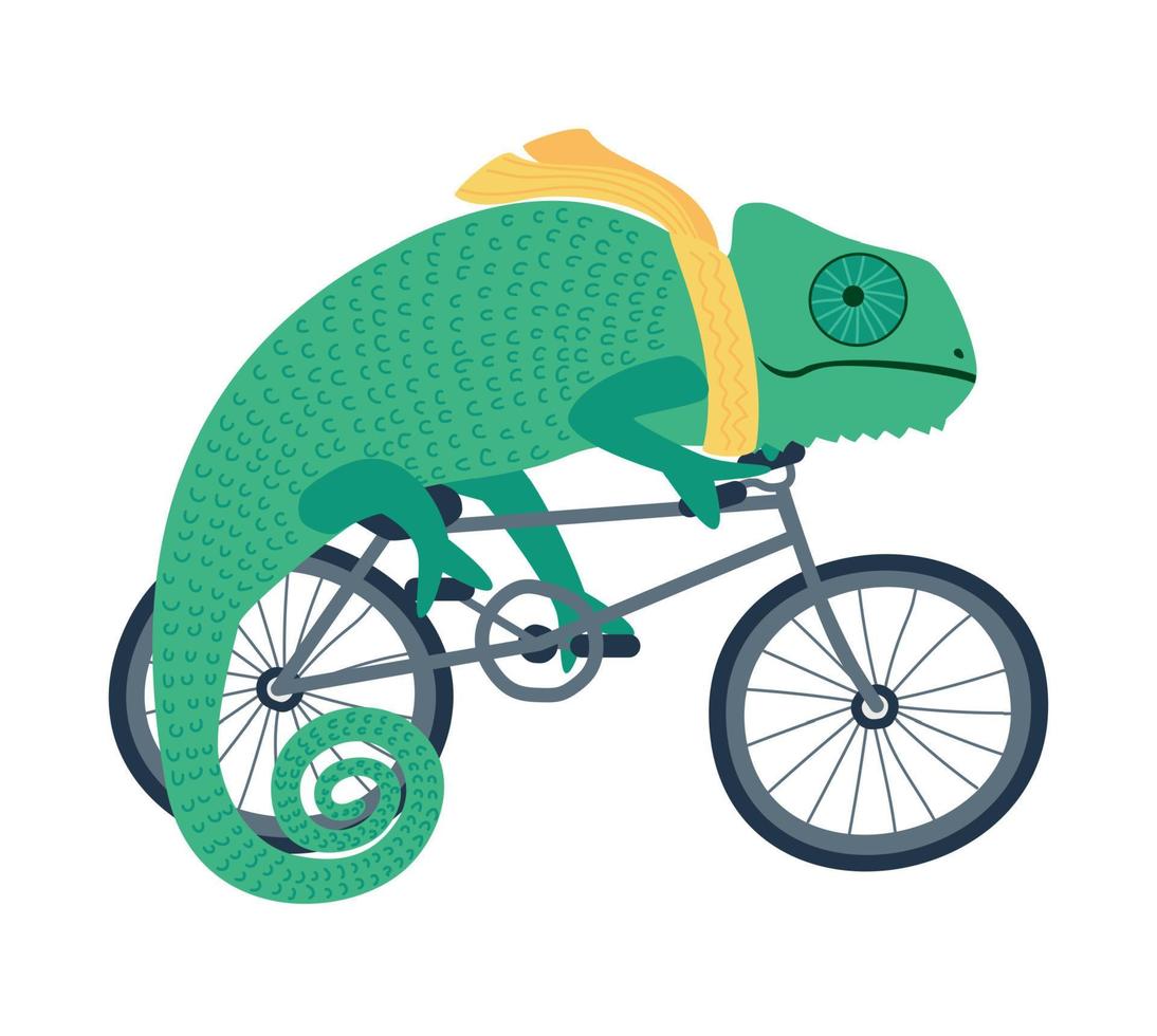 The character. Chameleon with a scarf on a bicycle. Vector illustration
