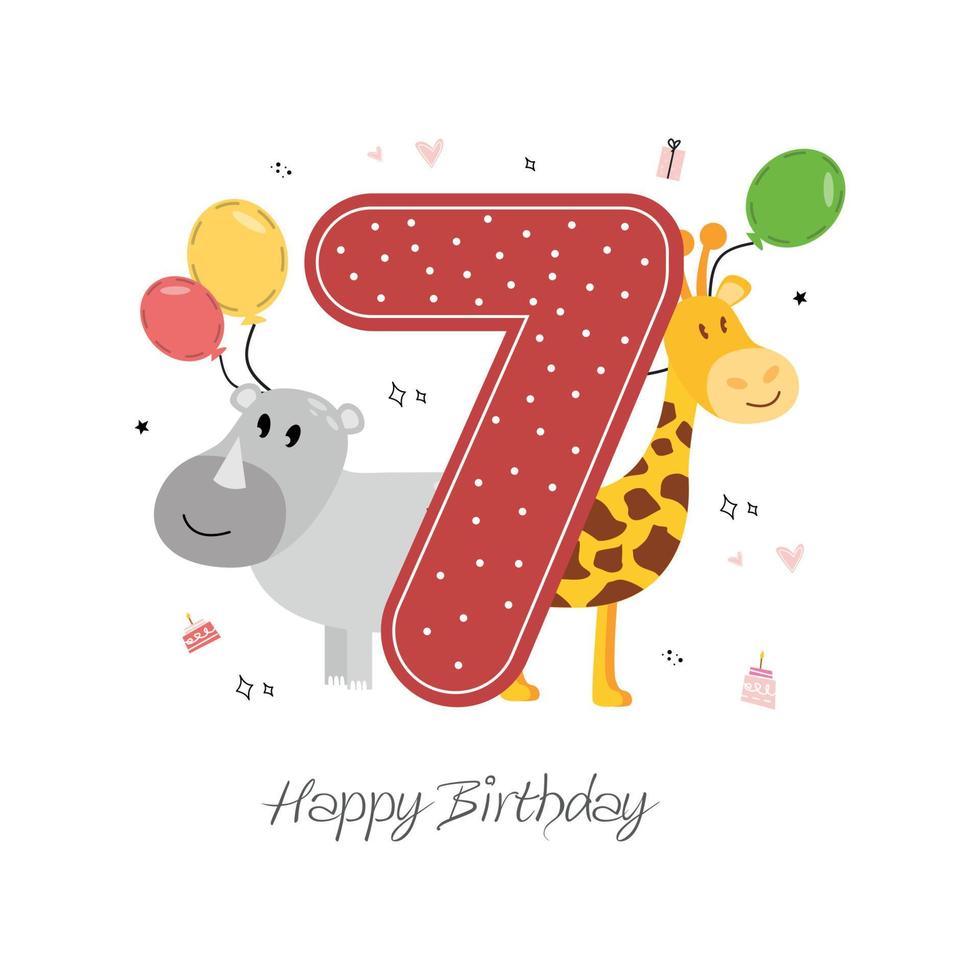 Vector illustration happy birthday card with number seven, rhino and giraffe animals, gifts, balloons, hearts, stars, holiday cake. Greeting card with the inscription happy birthday