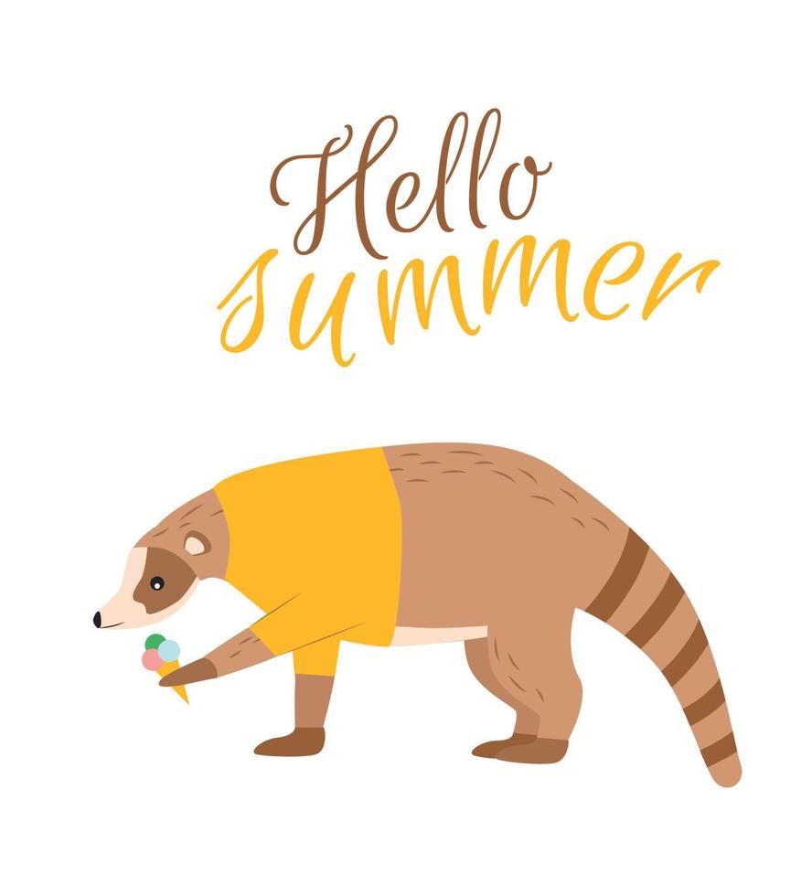 Illustration of an animal nosha in clothes with ice cream in its paw and the inscription hello summer. Print nosuha in a t-shirt with ice cream in the paw, text hello summer vector