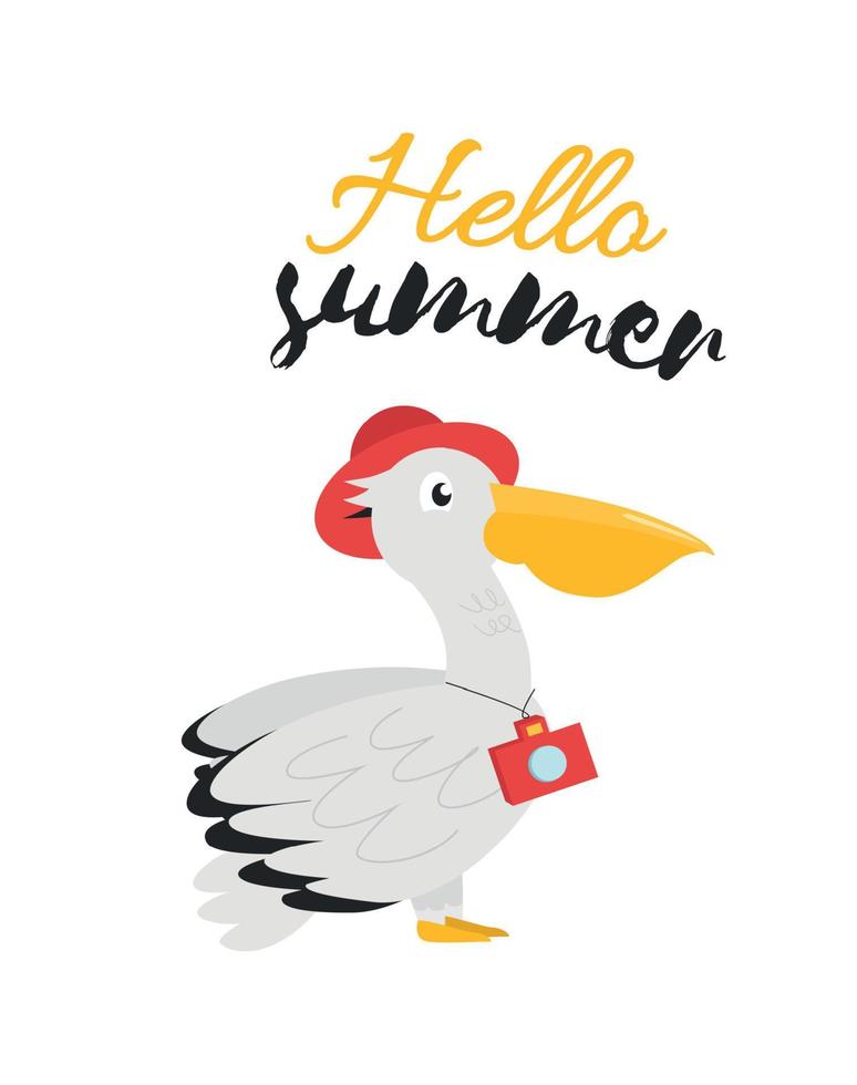 Illustration with a pelican bird in a hat with a camera on the neck and the inscription hello summer. A print with the words hello summer and a pelican in a hat with a camera vector