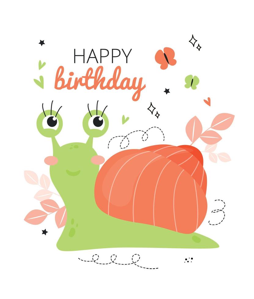 Illustration postcard happy birthday with a snail, butterflies, hearts, leaves. Happy birthday greeting card vector