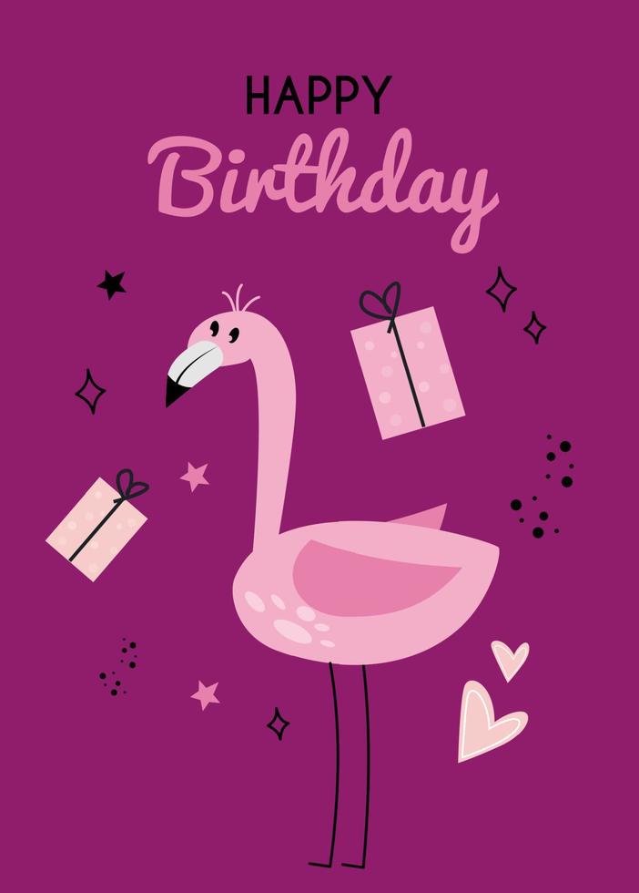 Illustration with flamingo and the inscription happy birhday on a pink background. Greeting card with flamingo, gift box and the inscription. Happy birthday greeting card with flamingos and gifts vector