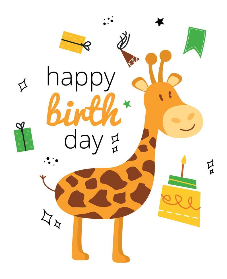 Illustration with giraffe, cake, gift, inscription happy birthday. Greeting card with a giraffe happy birthday with a holiday cap, gift, cake vector