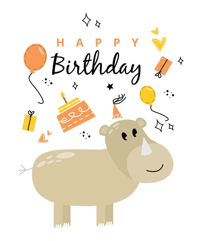 Illustration with a rhino and the inscription happy birhday. Greeting card with rhino, gift box and balloon. Happy birthday greeting card with rhino, presents and balloon. vector