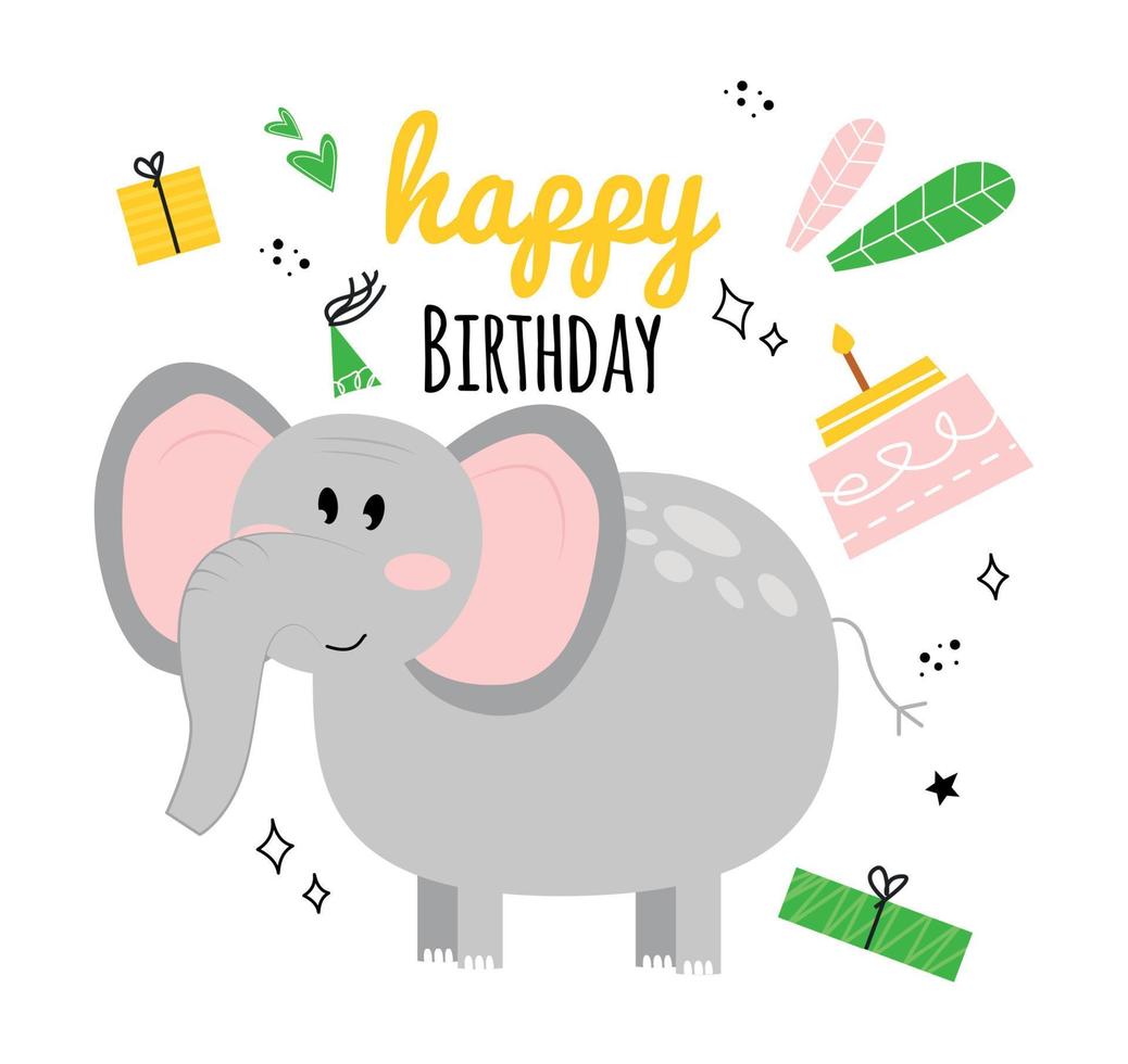 Illustration with elephant, cake, gift, inscription happy birthday. Happy birhday greeting card with baby elephant. Greeting card with elephant happy birthday with holiday hat, gift, cake, leaves. vector