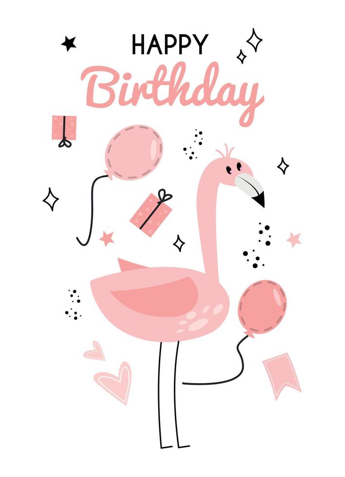 Illustration with flamingo and the inscription happy birhday. Greeting card with flamingo, gift box, balloon and the inscription. Happy birthday greeting card with flamingos, gifts, balloons. vector