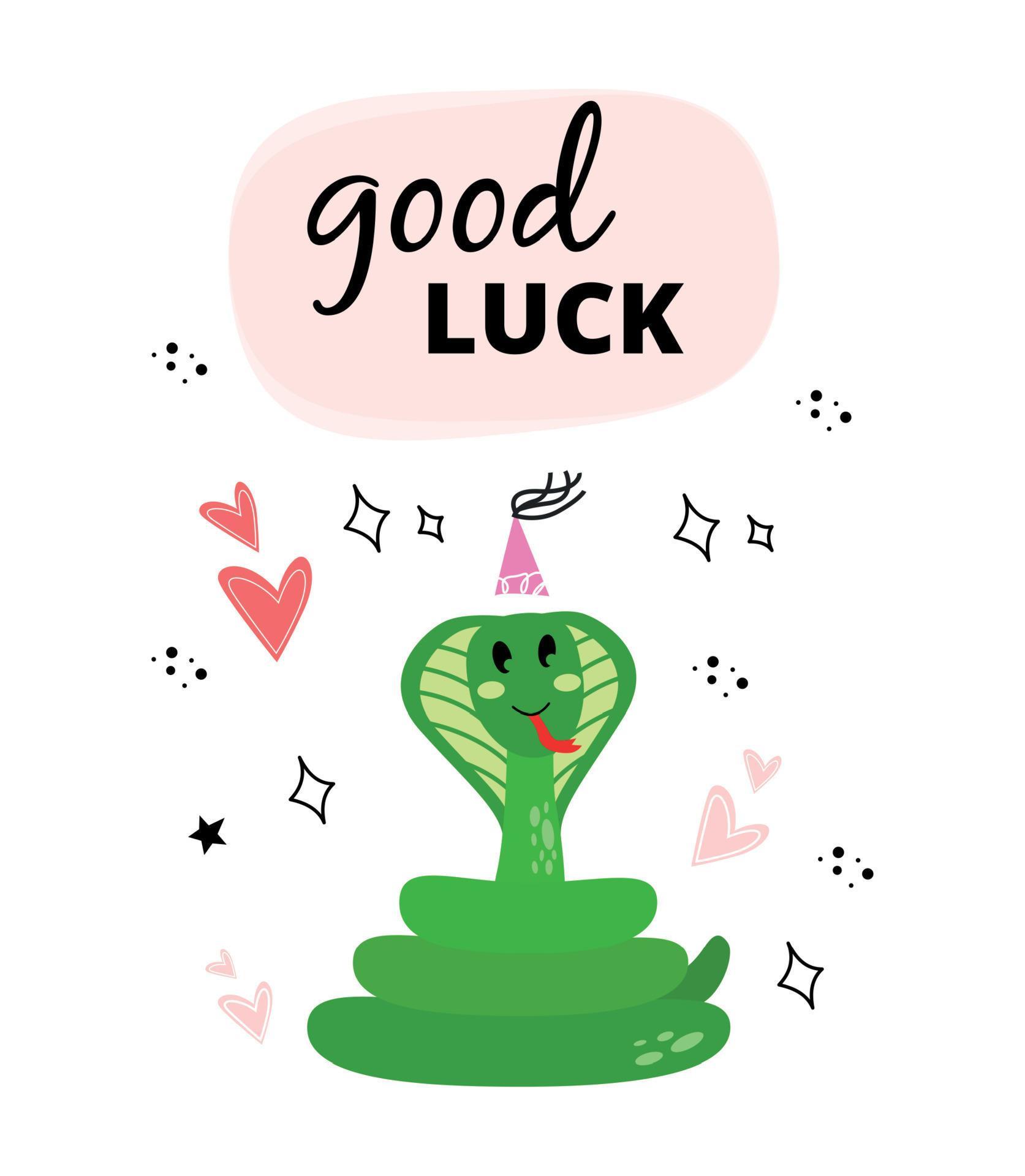 Illustration with a snake and the inscription good luck. Greeting card
