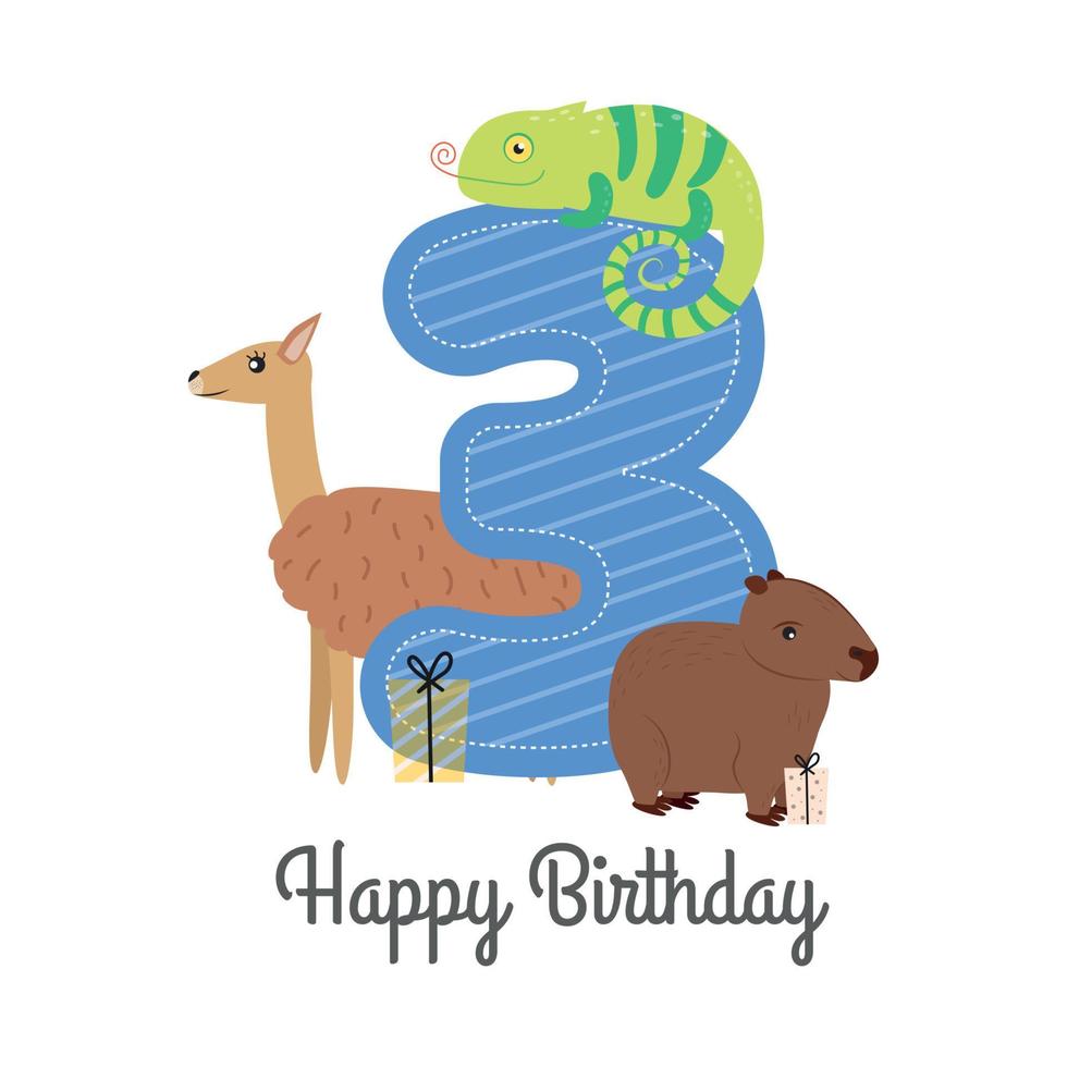 Vector illustration happy birthday card with number three, capybara animals, guanaco, chameleon, gifts. Greeting card with the inscription happy birthday, three, guanaco, capybara, gift boxes.