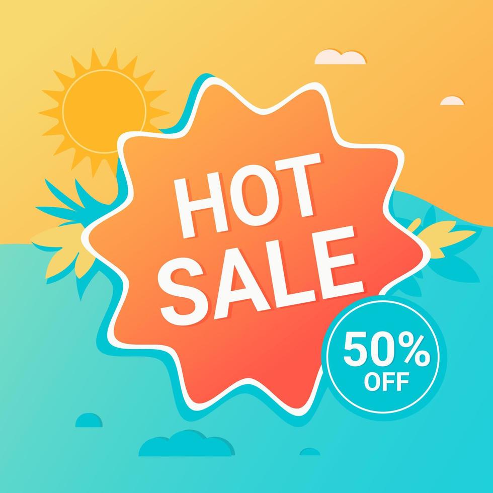 hot sale banner, bright colors, summer sale, 50 percent discount, sun, leaves, beach, vector illustration