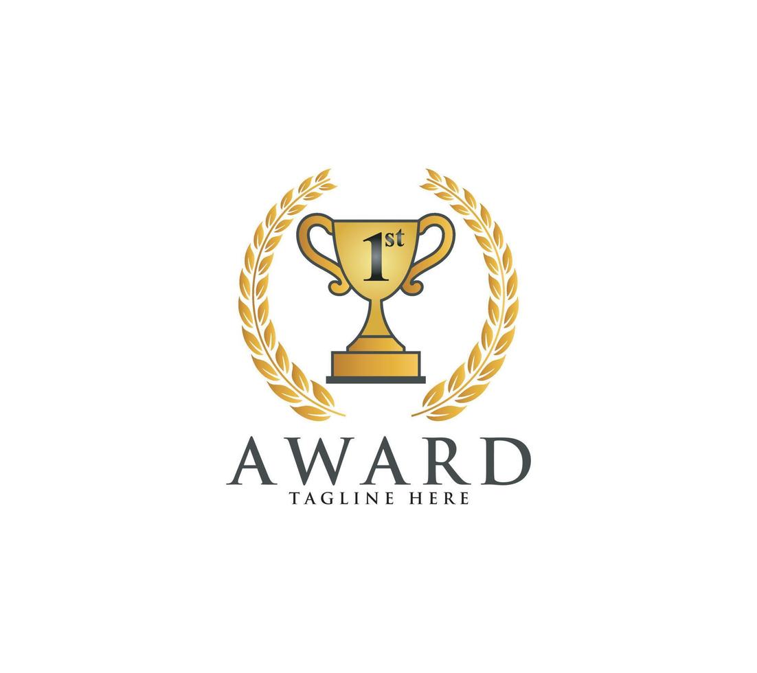 Award or winner logo vector illustration with laurel emblem and trophy cup on white background.