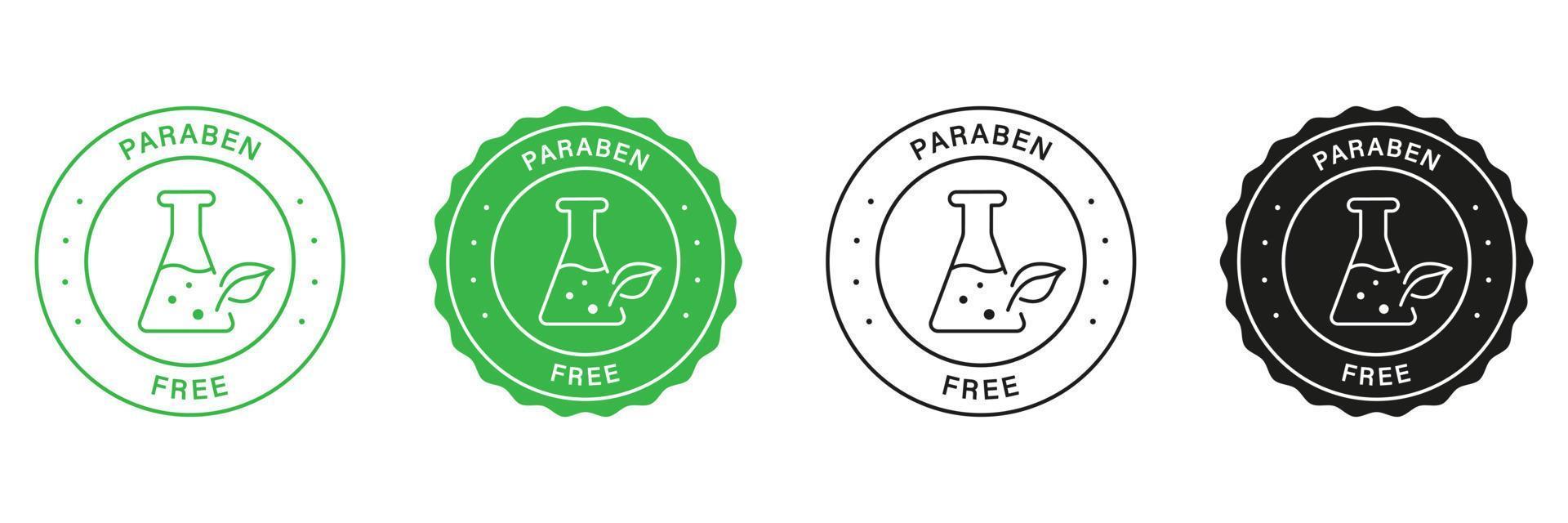 Free Paraben Stamp Set. Green and Black Labels for Plastic Free Eco Organic Cosmetics. Free of Paraben Stickers. Safe Goods, Free Of Chemical Preservatives. Isolated Vector Illustration.